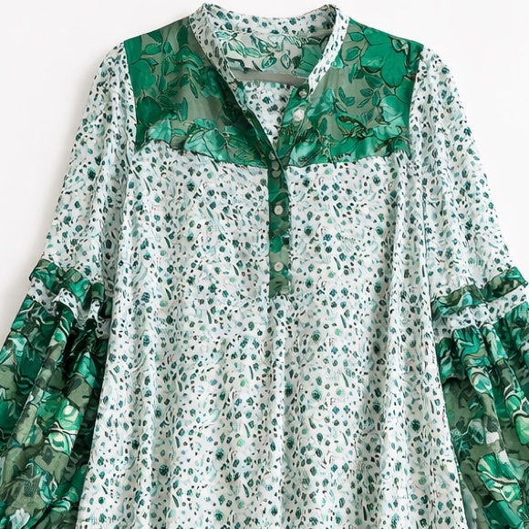 R Vivimos Green Floral Boho Maxi Dress Size L 12/14 Long Sleeve Side Slit - Picture 4 of 5